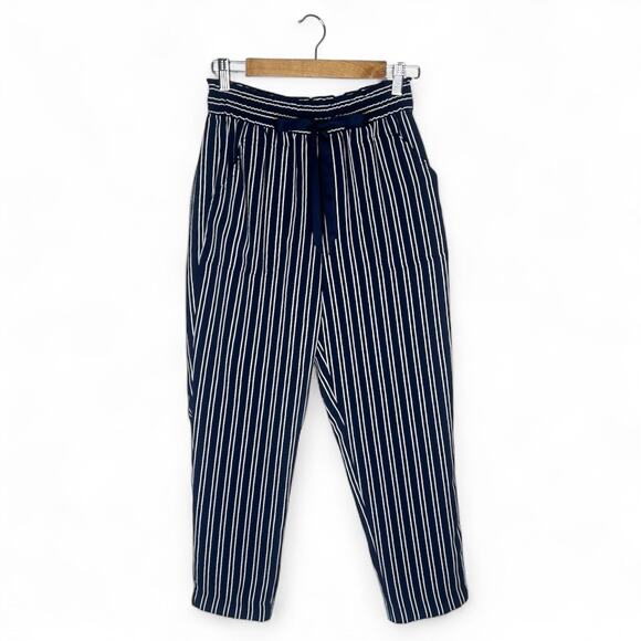Zara Women's Striped Drawstring Pants Size S Navy White Elastic Waist Trouser - Picture 2 of 10